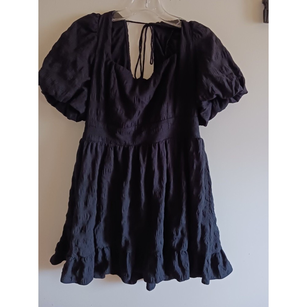 Shein Dress Womens Size Large Black Short Puff Sleeve Open Back Square Neckline